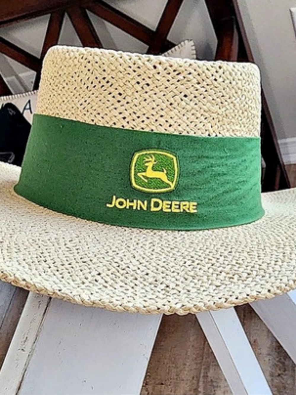 John Deere Gambler Straw Hat with Green Band Green & Beige M/L
